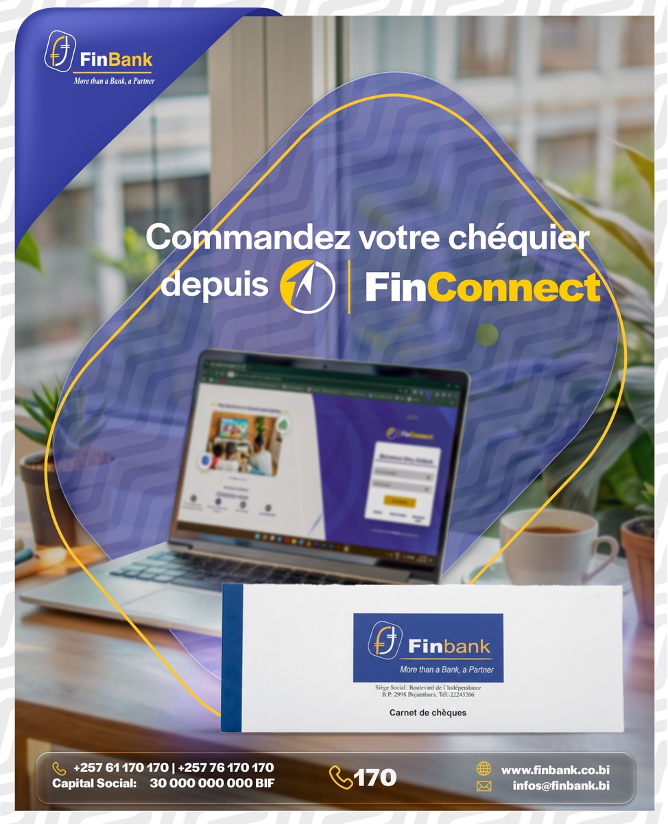 AFinbank's tweet photo. FinConnect simplifie vos démarches : commandez votre chéquier en quelques clics, sans déplacement ni paperasse.
#MoreThanABankAPartner #FinConnect #InternetBanking #DigitalBanking https://t.co/QGQelW2Doe