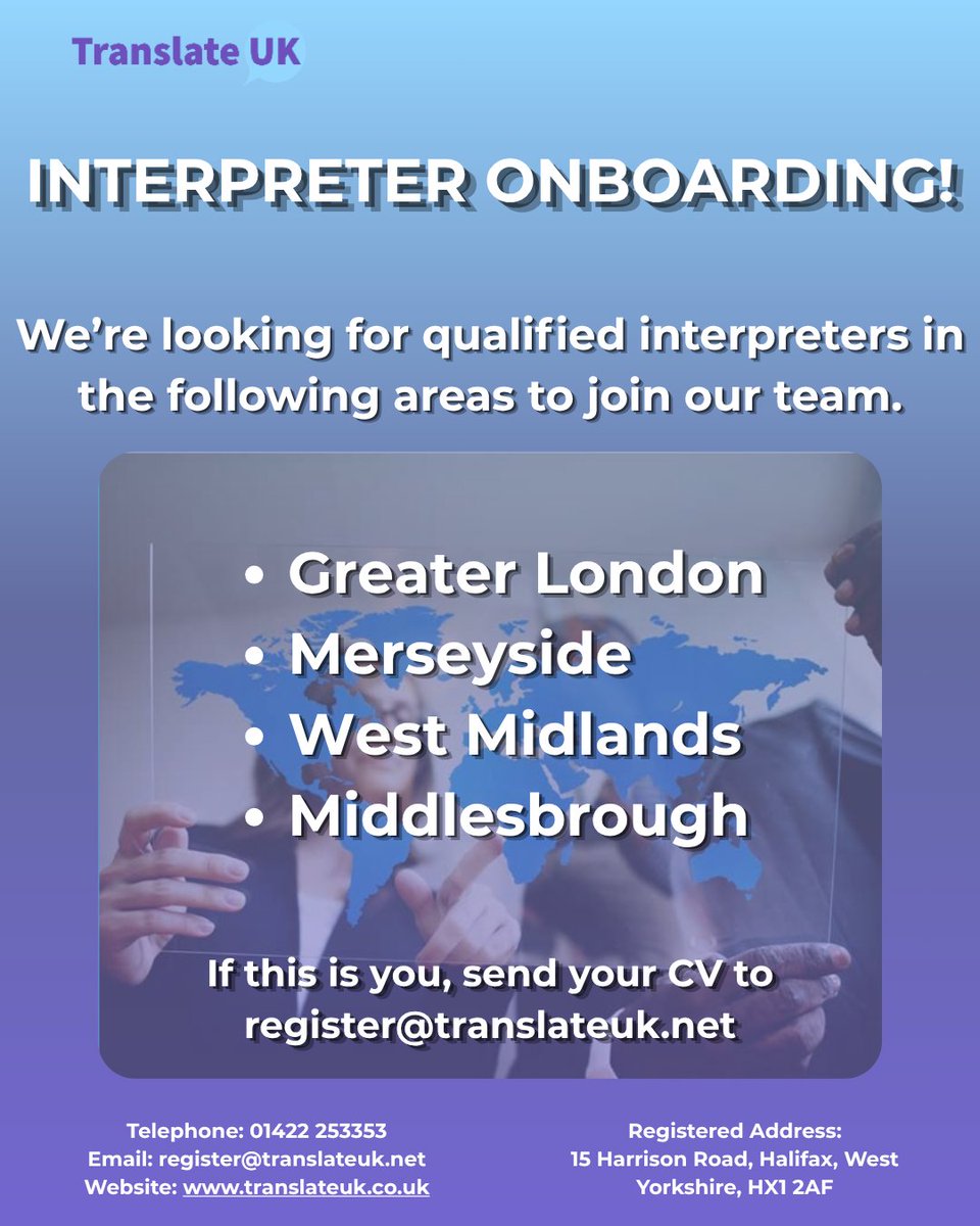 TranslateUK's tweet photo. If you are a qualified interpreter and based in the UK, then make sure to register with us for work opportunities!

Send your CV to register@translateuk.net

#languages #TranslateUK #interpreting https://t.co/Ke5RM2lKoL
