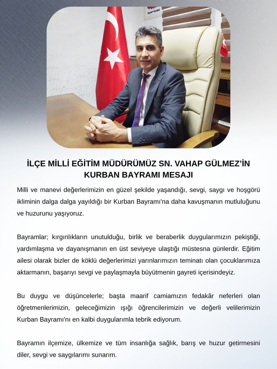 Baykanmem's tweet photo. İlçe Milli Eğitim Müdürümüz Sn. Vahap GÜLMEZ' in Kurban Bayramı Mesajı
@saz_ilhan @fatihozcaaan @vahap_gulmez https://t.co/nFk29S5uoZ