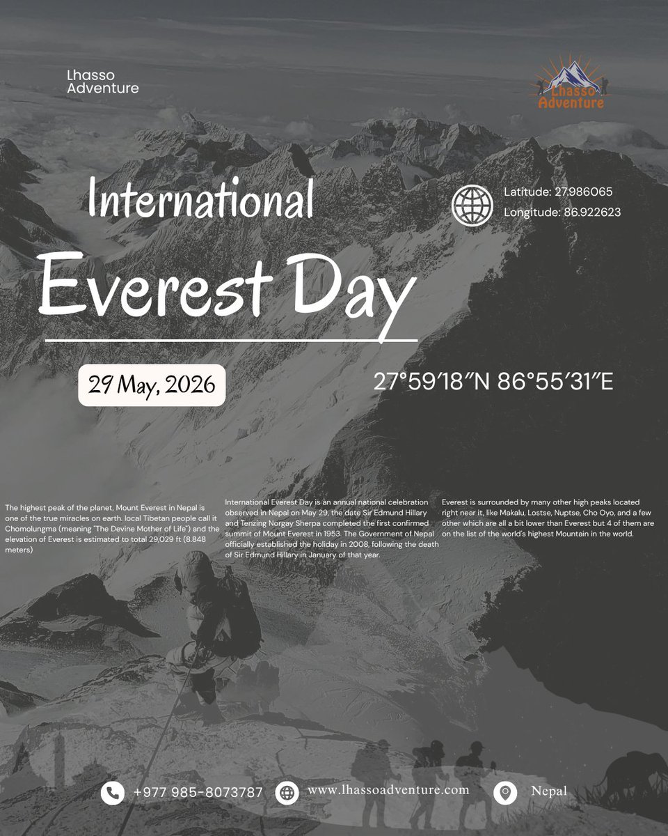 Lhassoadventure's tweet photo. Celebrating Ganatantra Diwas &amp; International Everest Day.
A proud day honoring Nepal’s democratic spirit and the historic first Everest ascent in 1953.

#Nepal #EverestDay #GanatantraDiwas #internationaleverestday #lhassoadventure https://t.co/j0HIun2BgR