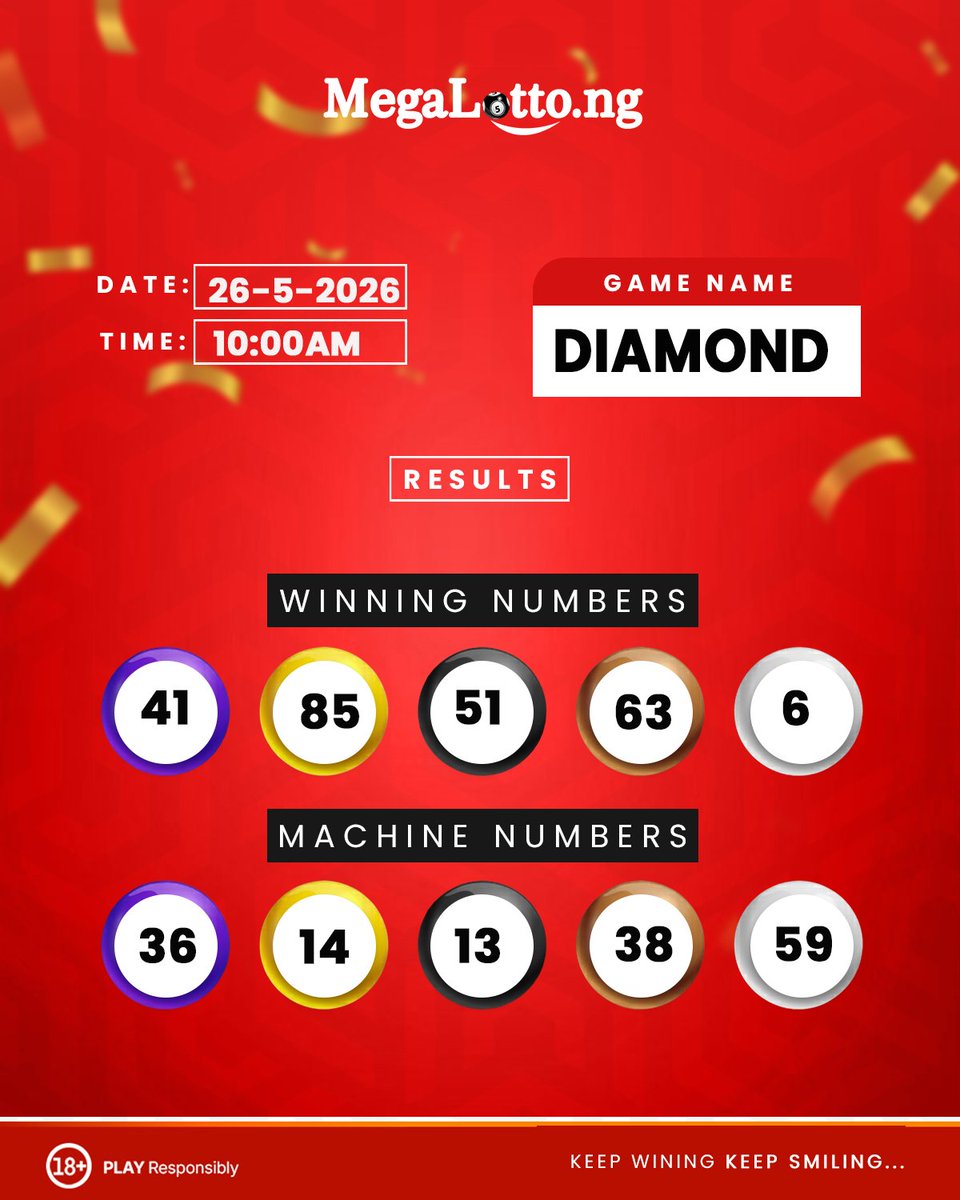 Megalottong's tweet photo. Winning Numbers for Today Tuesday 26th May, DIAMOND!!!💯 https://t.co/WmeAZHnKoc