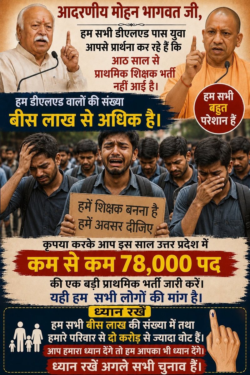 SinghPradeep011's tweet photo. आदरणीय मोहन भागवत जी 8 वर्षों से बेसिक शिक्षा विभाग में कोई भी प्राथमिक शिक्षक भी भर्ती नहीं आई है अतः योगी जी से मिलकर बेसिक शिक्षा विभाग में कम से कम 78000 पदों पर प्राथमिक शिक्षक भर्ती निकलवाने के लिए बोलिए। सभी डीएलएड वाले आपके सदा आभारी रहेंगे।
@DrMohanBhagwat https://t.co/EwDshYD3ye