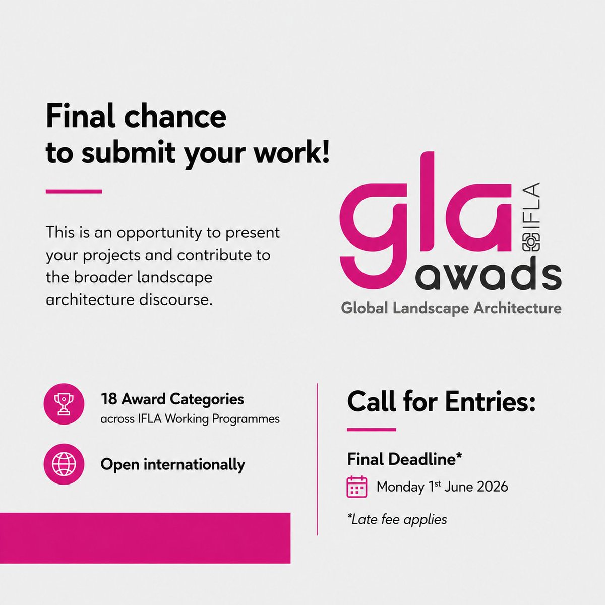 IntFedLandArch's tweet photo. Final chance to submit your work!

The IFLA Global Landscape Architecture (GLA) Awards celebrate projects that are tackling some of the world’s most pressing environmental, social, and urban challenges.

Submit your entry: https://t.co/ef4357jJdn https://t.co/wmJBqum7dS