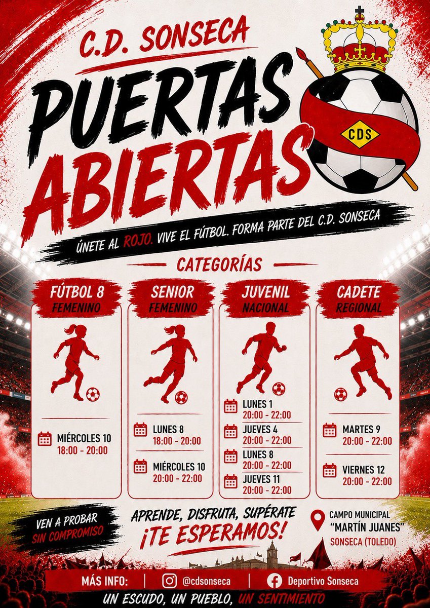 CDSonseca's tweet photo. 🔴 ¡LLEGAN LAS PUERTAS ABIERTAS DEL C.D. SONSECA! 🔴

¿Te apasiona el fútbol? ¿Quieres mejorar, competir y formar parte de nuestro club? Este es tu momento 💥⚽ https://t.co/nxG4TqqvaA