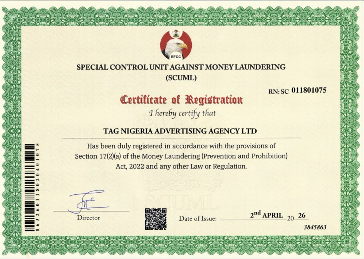coded10435's tweet photo. TAG team have held over 1,000 charity events across various regions of Nigeria, for which the government has awarded us a certificate of honor for our charitable work! business license issued by the government's Anti-Money Laundering Task Force. https://t.co/ret4OpImhp