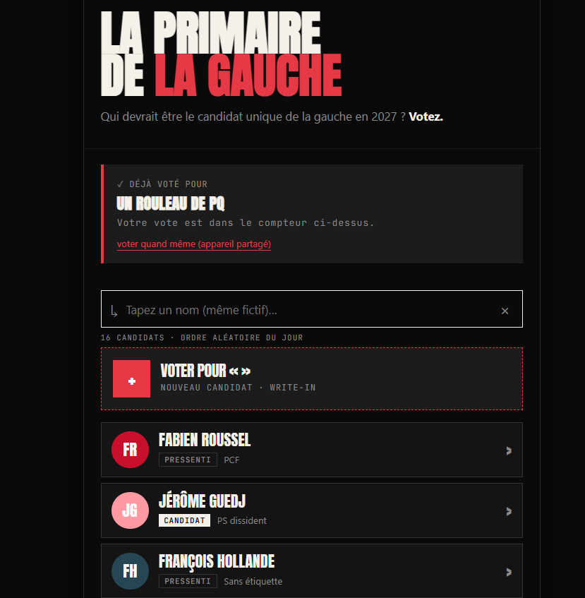 vinceflibustier's tweet photo. J'ai fait un site pour organiser la primaire de la gauche: https://t.co/lWMMDoV9Cz 

VOTEZ 😁 https://t.co/fohI2Ja92i