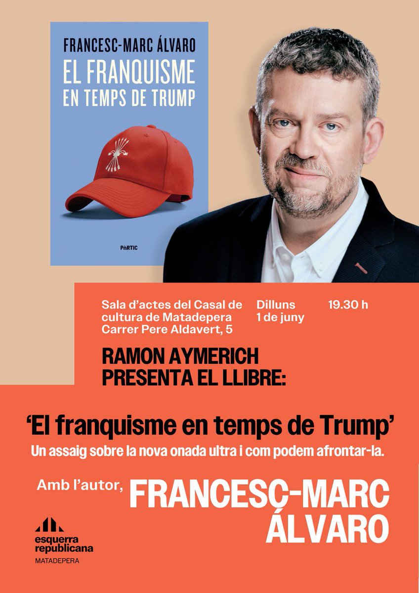 fmarcalvaro's tweet photo. El dia 1 de juny presentarem “El franquisme en temps de Trump” a Matadepera, amb l’amic i gran periodista @raymerichp. Serà un plaer. Us hi esperem! Un llibre editat per @Ed_Portic @Grup62 @G_Gutenberg https://t.co/8uskKLhYft
