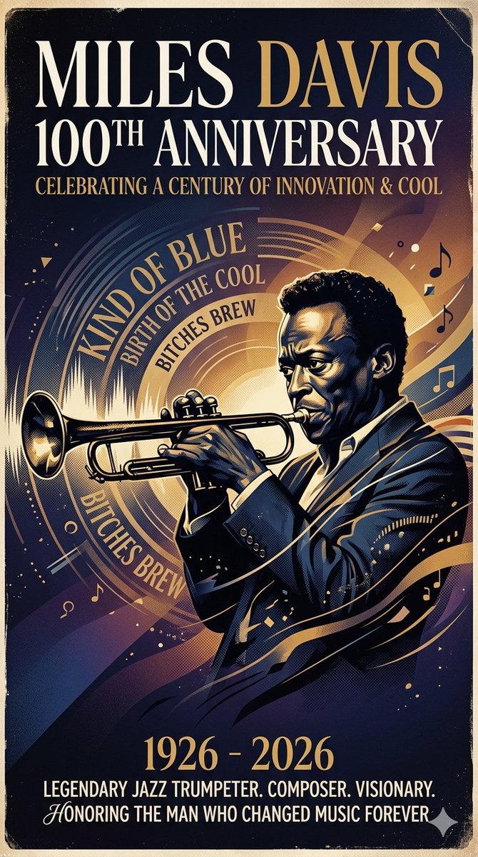 ProJazzNet's tweet photo. Happy Heavenly 100th Birthday To Miles Davis.
#MilesDavis #jazzlegend

* AI-generated artwork inspired by jazz history. https://t.co/pEJzUcbw50