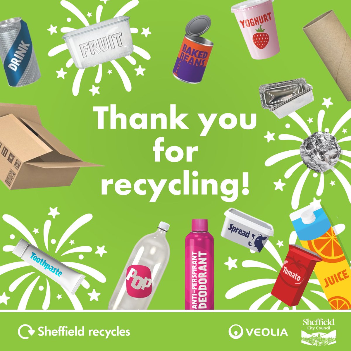 Recycle4Shef's tweet photo. Thank you for recycling your foil, cartons, aerosols, plastic/metal tubes and plastic trays.

Together we’re making a real difference to make Sheffield a greener place to live!

Find out what else can be recycled by visiting https://t.co/UIcqD34vPp https://t.co/QE032DLiw4
