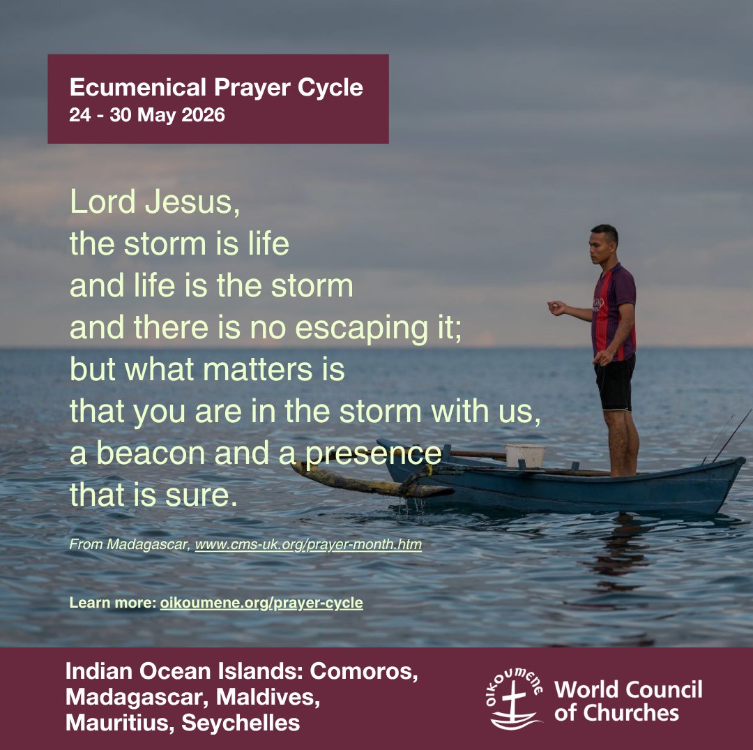 Oikoumene's tweet photo. 🌏 The #EcumenicalPrayerCycle takes us through every region of the world over a year. This week we pray for Indian Ocean Islands: #Comoros, #Madagascar, #Maldives, #Mauritius, #Seychelles.
🗓️ 24 - 30 May 2026
🙏 Find the prayer material here: https://t.co/RvGAy9MbV8 https://t.co/E5SUPi6poS