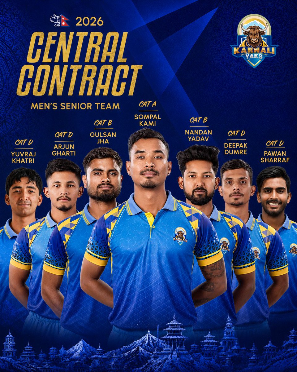 KarnaliYaks's tweet photo. Congratulations to our Yaks selected in the 2026 CAN Central Contract for the Men’s Senior Team.
Proud to see our players representing at the highest level and continuing to raise the flag for Karnali.
#KarnaliYaks #CAN #CentralContract #CricketNepal #YaksArmy https://t.co/62dxTi0Hn9