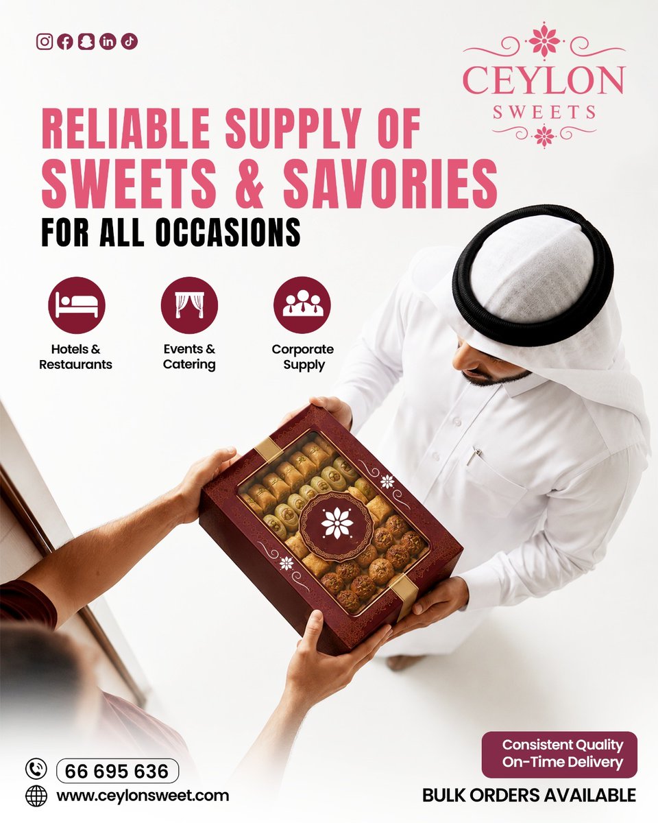 SweetsCeylon's tweet photo. Ceylon Sweets – Your trusted partner for all occasions!
We supply premium-quality sweets &amp; savouries for hotels, restaurants, events, and corporate clients with consistent taste and professional service.
.
contact to : +974 66 695 636
website : https://t.co/7f7kAzsLIz https://t.co/eL9FTpVuE6