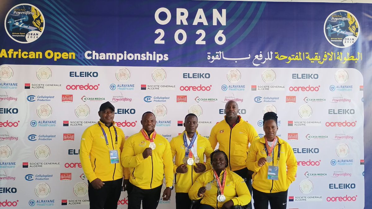 UGParalympics's tweet photo. 🇺🇬 Team Uganda shines at the  Oran powerlifting African Championships.
🥈 Dennis – Up to 88kg
🥉🥈🥉 Ssebagala Ismail – Up to 72kg
🥈🥈🥈🥈 Zawedde Rebecca – Up to 86kg
🏋️‍♀️ Nakayobyo Janet – Up to 69kg
Congratulations to our athletes for proudly raising the Ugandan flag high! https://t.co/eOKMGQkhD4