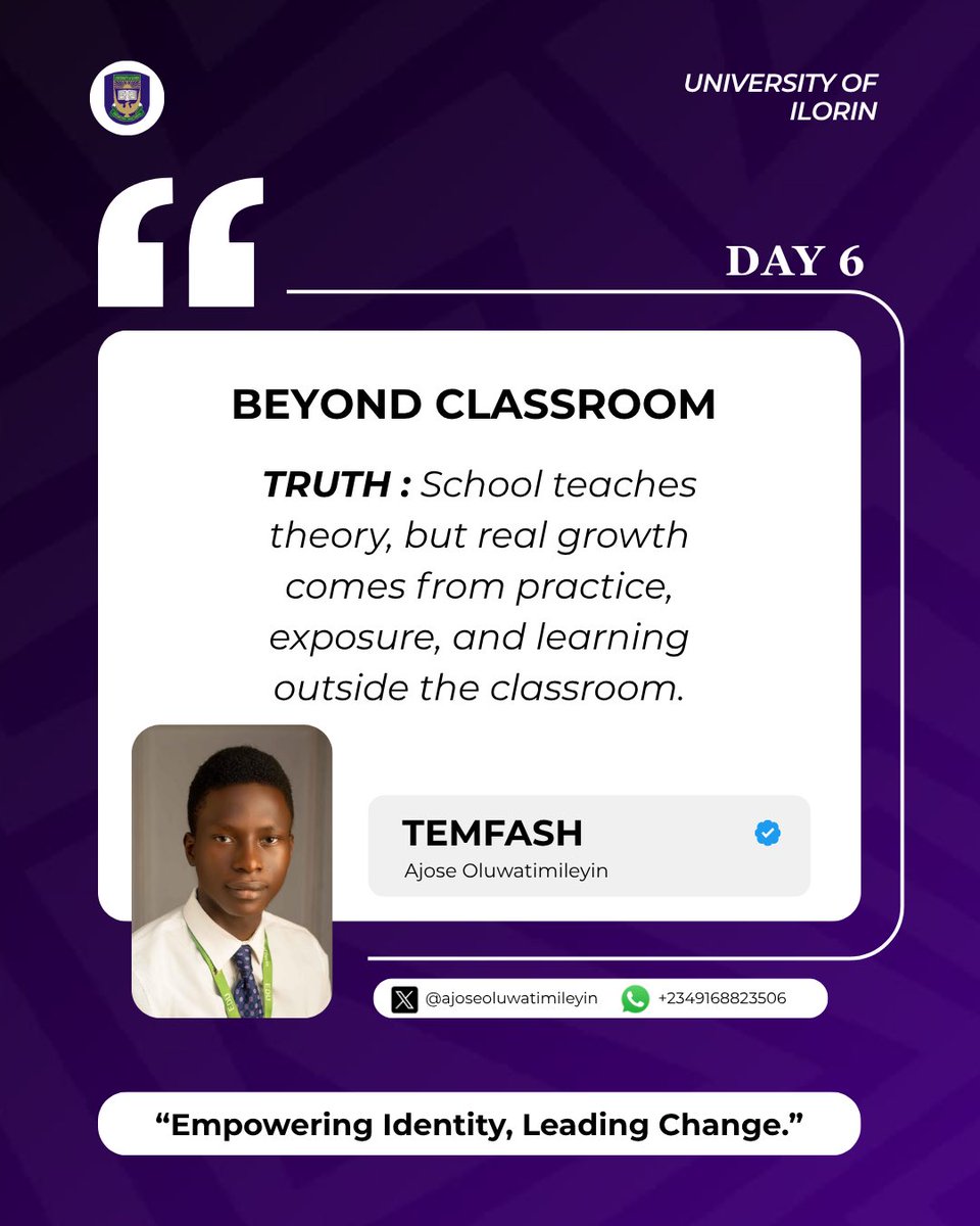 IamTemfash's tweet photo. Classroom knowledge is important, but growth truly begins when you step outside your comfort zone. 

Learn, explore, practice, fail, improve, that’s where real experience comes from.

Beyond the classroom is where purpose meets exposure. https://t.co/YAMYjrF7Kx