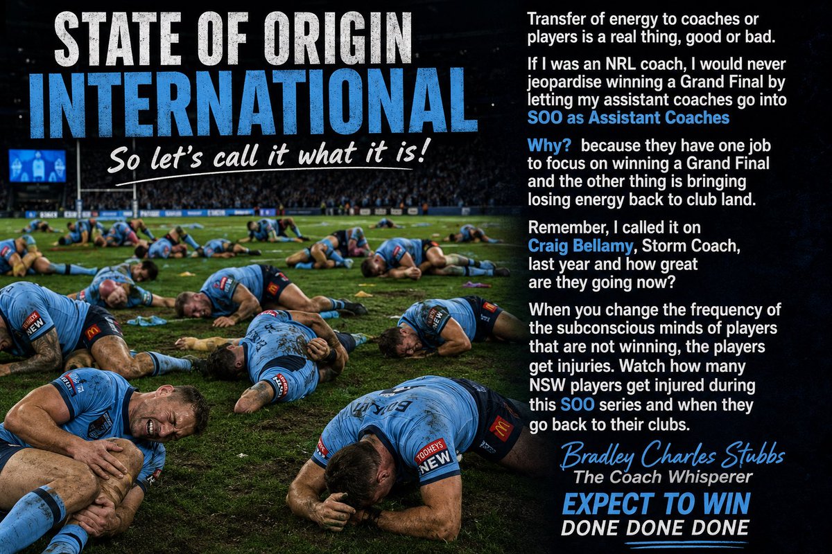 ExpectWin's tweet photo. STATE OF ORIGIN 
INTERNATIONAL 

So let’s call it what it is!

Transfer of energy to coaches or players is a real thing, good or bad.

If I was an NRL coach, I would never jeopardise winning a Grand Final by letting my assistant coaches go into SOO as Assistant Coaches 

Why? https://t.co/LMRwQhEPE7