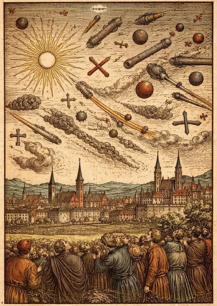 RomellVanac's tweet photo. Il fenomeno celeste di Norimberga. Il 14 aprile del 1561, gli abitanti di Norimberga (Germania) furono testimoni di uno degli eventi celesti più enigmatico della storia europea. Secondo una cronaca dell'epoca, nel cielo apparvero sfere luminose, croci, cilindri e forme allungate. https://t.co/QcOlU96UGj
