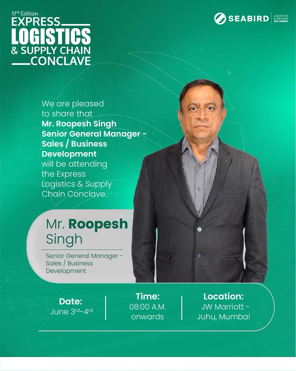 seabirdlogistic's tweet photo. Meet Mr. Roopesh Singh at the Express Logistics &amp; Supply Chain Conclave 2026.

Explore smarter warehousing &amp; supply chain solutions with us.

📍 JW Marriott, Juhu – Mumbai
📅 03–04 June | 📌 Booth 6
#Seabird #Logistics #SupplyChain #Warehousing https://t.co/JjeJPq55W9