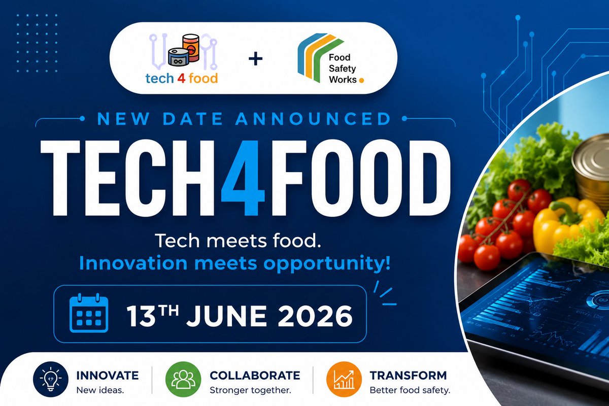 foodsafetyworks's tweet photo. 📢 TECH4FOOD UPDATE

TECH4FOOD has been postponed to:

📅 13th June 2026

✅ Registrations are open for the new date:
https://t.co/cBHy8OLXky

Already registered? Your existing ticket remains valid for the rescheduled event.

#Tech4Food #FoodTech #EventUpdate #Innovation https://t.co/gorKn3y9rs