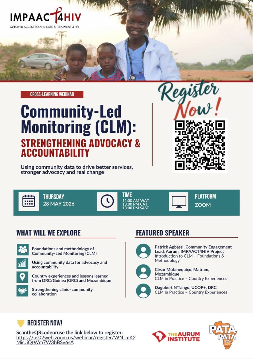 teampata's tweet photo. Join IMPAACT4HIV for a dynamic cross-learning conversation exploring how Community-Led Monitoring (CLM) is driving stronger, more responsive health systems across African through community collaboration.
🔗 Register here: [https://t.co/6xdhXh0zAA](https://t.co/6xdhXh0zAA) https://t.co/HLrtyffEBH