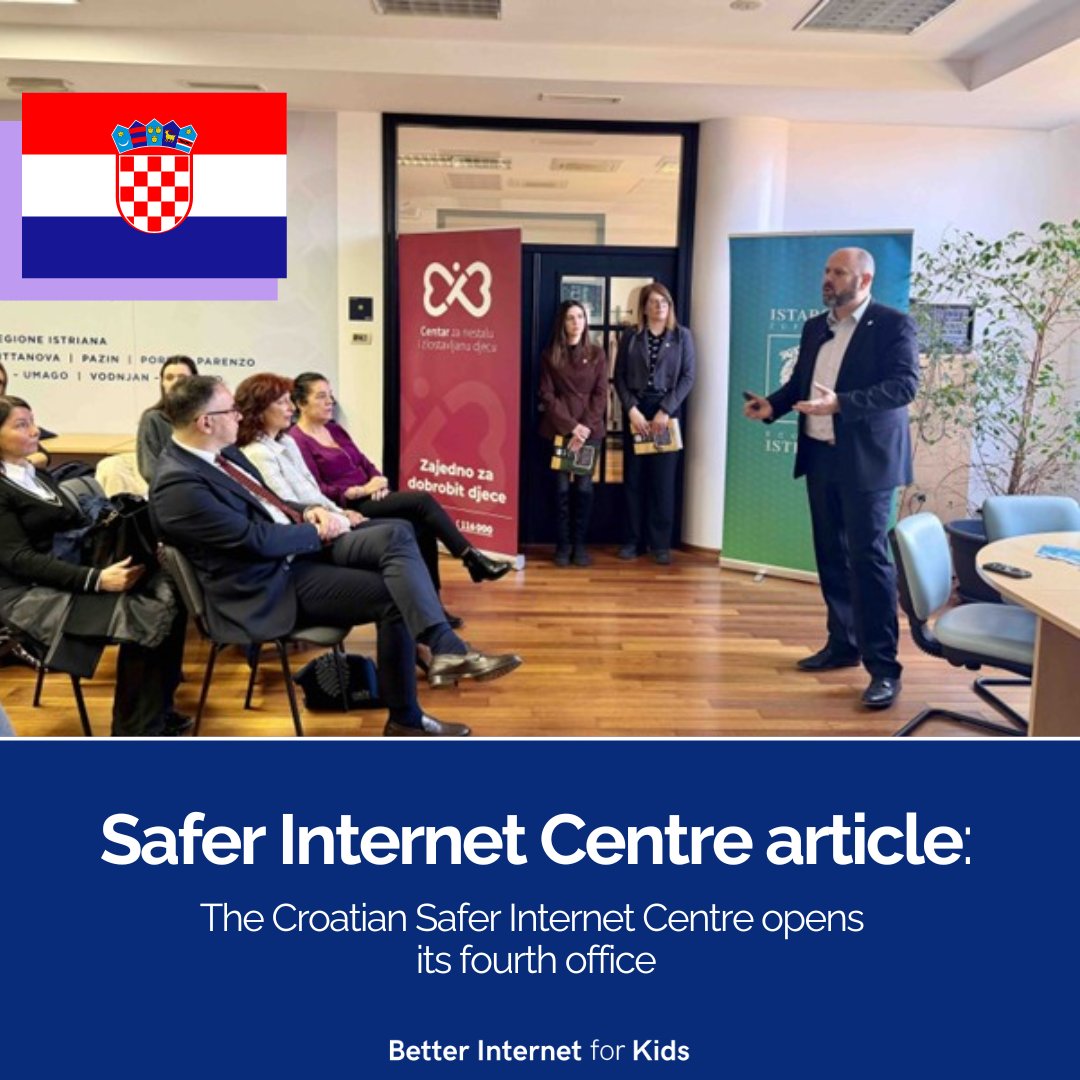 safeinternetday's tweet photo. The Croatian Safer Internet Centre has opened its fourth office, located in Pula, Istria, marking an important milestone in expanding digital safety support for children and young people across Croatia.

The new office will deliver educational, preventive, and counselling programmes, with a focus on empowering children, parents, teachers, and the wider community to recognise and respond to online risks.

Read the full article on the BIK platform 👉https://t.co/xWEbrDCeGw...

#SaferInternet #DigitalSafety #BIK #Croatia #OnlineSafety