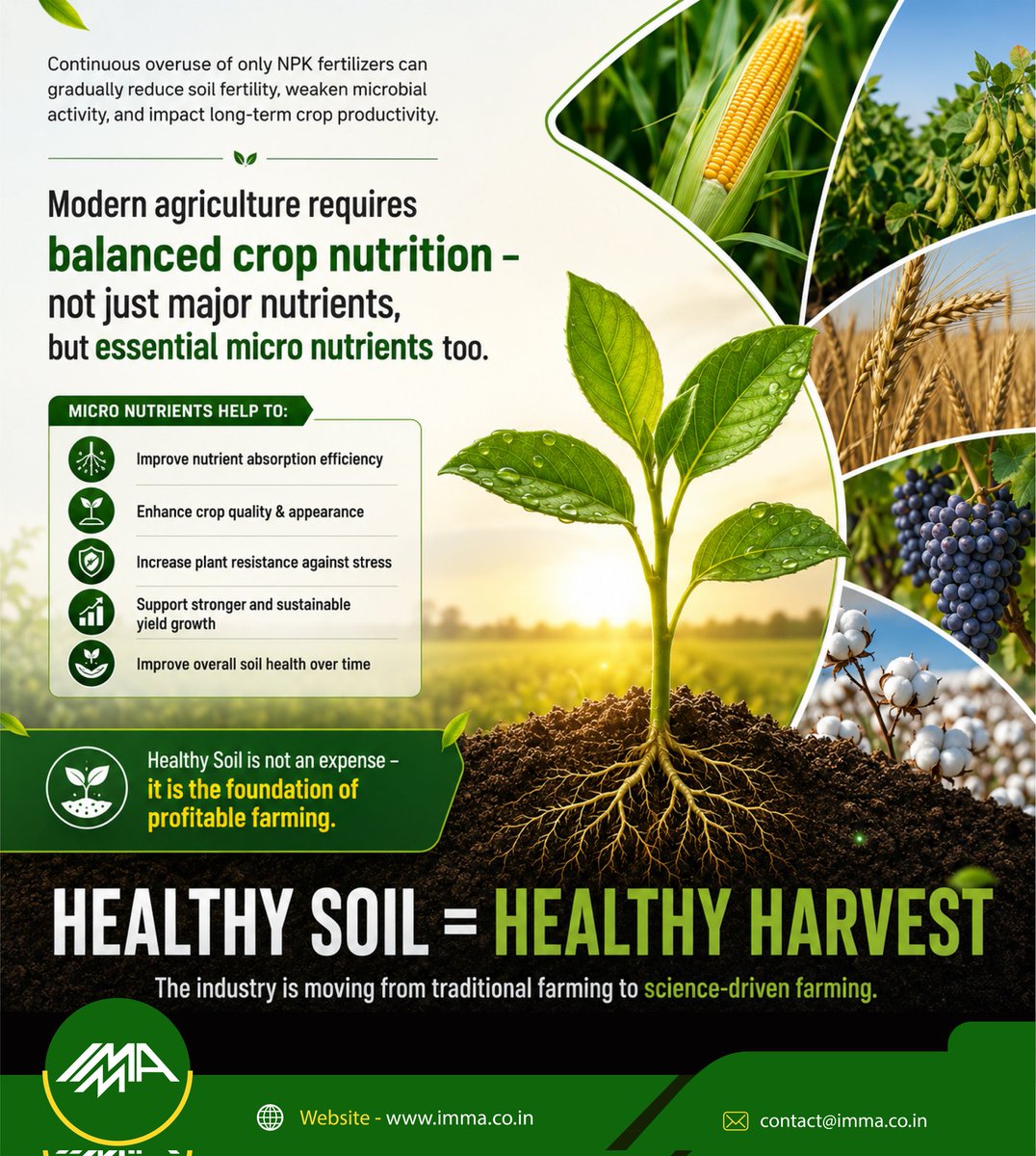 IMMAAssociation's tweet photo. Balanced crop nutrition is the future of farming 🌱
Micronutrients improve soil health, crop quality &amp; sustainable yield growth.
💚 Healthy Soil = Healthy Harvest 💚
#HealthySoil #HealthyHarvest #SustainableFarming #CropNutrition https://t.co/6Xt5R7oMNw