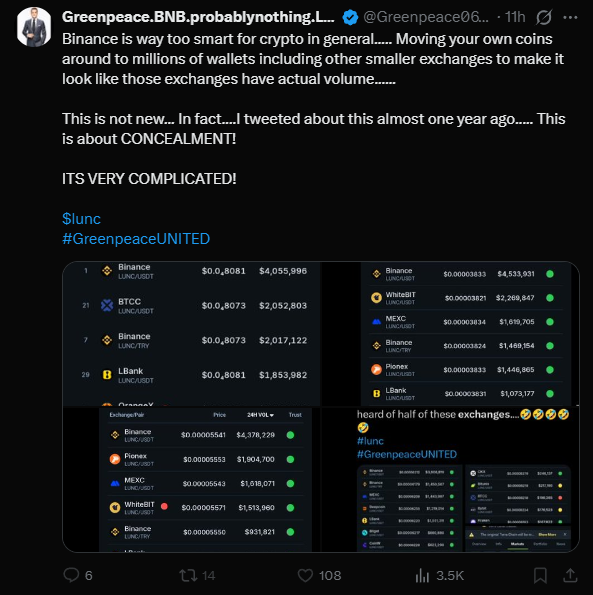 VegasMorph's tweet photo. Let me be very clear: the #LUNC community does not reflect itself in accusations made by one individual against Binance. Claims suggesting concealment, manipulation, or dishonest volume activity are serious allegations and should not be thrown around without clear, verifiable evidence.Binance has continued to support Terra Classic through monthly burns and has played an important role in keeping attention on $LUNC when many others walked away.People are free to have opinions, but one person’s statement should not be treated as the position of the wider community. As a community, we should stay focused on building, utility, transparency, and respectful engagement with exchanges and partners.Unsupported accusations only damage relationships that are important for the future of Terra Classic. #USTC $Ustc OG #LUNA $LUNA #TerraClassic #Binance

Criticism is fair. Evidence-based discussion is fair. But public accusations without proof are not helpful and do not represent the community.
If Binance decides to act, please act against the individual responsible for the statement, not against the chain or the wider community that does not support these accusations. @cz_binance @Binance_intern @binance  @_RichardTeng 

 #Binance