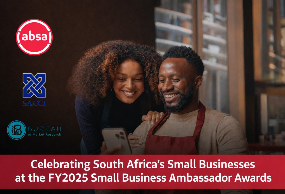 ResearchHubBMR1's tweet photo. 📌Small businesses drive South Africa’s economy. 🇿🇦
Absa Business Banking, SACCI and BMR will celebrate MSME resilience, innovation and leadership at the 2025 Small Business Ambassador Awards on 2 June 2026. 
#SmallBusiness #SMEs #SBGI #Entrepreneurship
@Absa @SACCIza https://t.co/Mi3wAkUsSi