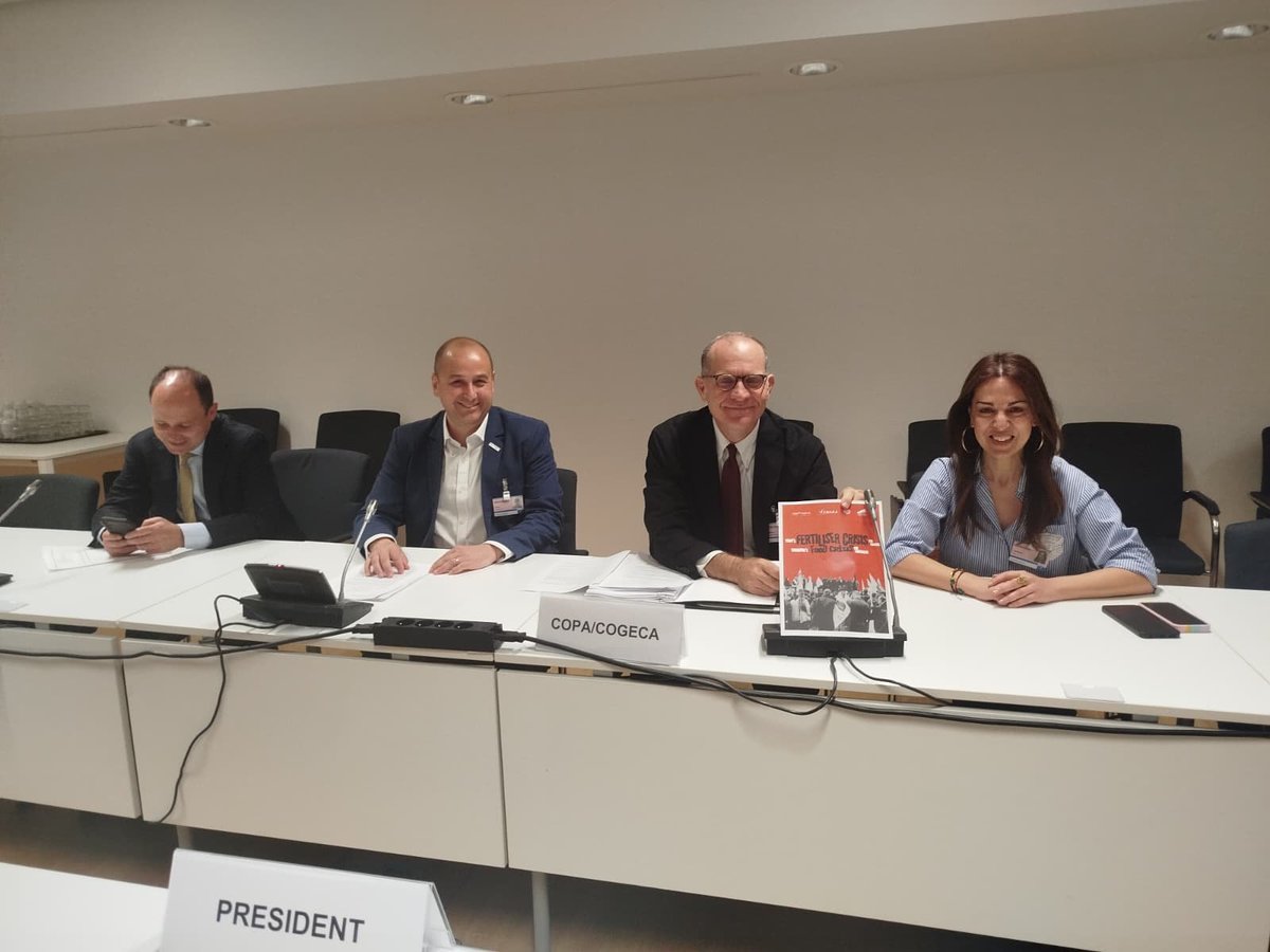 COPACOGECA's tweet photo. This morning, ahead of the AGRIFISH Council meeting, COPA President @masgiansanti and COGECA Vice-President Florentin Bercu met with Cypriot Minister of Agriculture @riapan82 to discuss the key issues currently shaping the 🇪🇺 agricultural agenda.

The exchanges focused in particular on our assessment of the fertiliser action plan presented by the @EU_Commission last week, ongoing discussions on international trade and EU agreements, the concerning ILUC rules for soya, origin labelling and the need to allow flexibility in the rural development payments.

Our two representatives were very clear: on all these issues, and particularly on fertilisers there is an urgent need to act and to act now! At a time when global geopolitics is being reshaped, agriculture is at the heart of strategic priorities. Europe cannot limit its action to half-measures or simple monitoring mechanisms; it must take concrete action to support its agricultural sector today in order to prevent food crises tomorrow.

We found a minister who was both attentive and proactive. We now expect a strong response from Europe’s agriculture ministers.