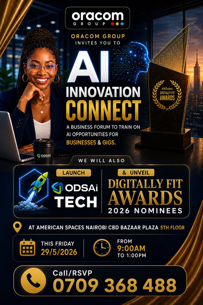 OracomKenya's tweet photo. AI Connect Workshop 2026 is this Friday at American Spaces! Join businesses &amp; innovators for learning, networking &amp; Digitally Fit Awards 2026 prep. Register here: https://t.co/rUGnRrP7Fl
#AIconnect #DigitallyFitAwards2026 #Oracomgroup https://t.co/1NANth32aL