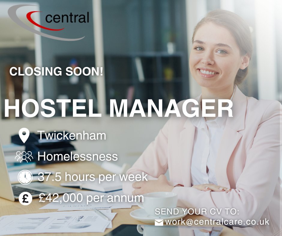 centralcares's tweet photo. Closing Soon! Hostel Manager in Twickenham! £42000 pa | 37.5 hrs/wk | Permanent| Support people affected by homelessness or rough sleeping to move off the streets and into safe, secure housing.
🚨Apply now: work@centralcare.co.uk
🔗 https://t.co/s9E6LQq6z2 https://t.co/uEd0Si5Dig