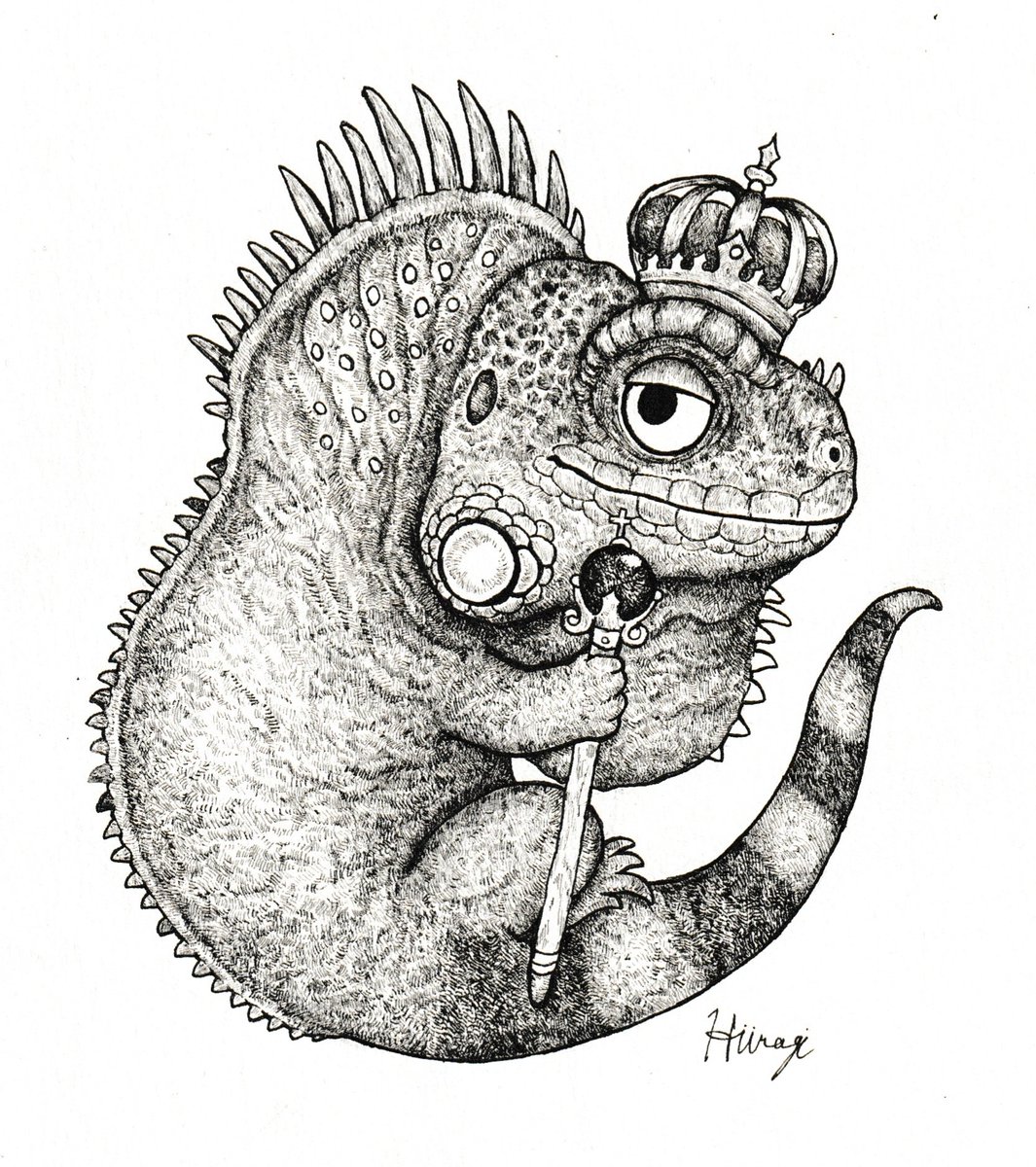 helmmira330's tweet photo. 「イグアナのおうさま」
#ペン画
#爬虫類 https://t.co/fuzccMqycv