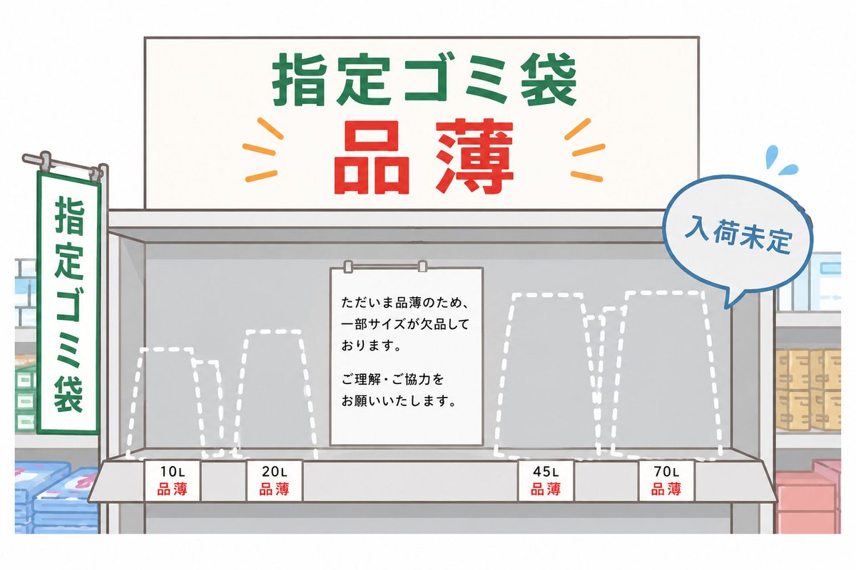 miyazaki_aki_'s tweet photo. 【久喜市の指定ゴミ袋の在庫は⁉️】

中東情勢の影響などにより、原油由来の原料の供給不安が広がっていますが、私にも「指定ゴミ袋が品切れで買えなかった」というお声が複数届いています😵

今日担当課に確認したところ、

「メーカーには十分な在庫があるものの、まとめ買い等で需要が増え、一部店舗で一時的に在庫切れが発生している」

とのことでした。

特に大型店舗で品薄が見られるようで、コンビニや比較的小規模な店舗には在庫が残っている場合もあるそうです🙋🏻

メーカーに在庫があっても、発注後すぐに店頭へ並ぶわけではないため、一時的な品薄状態になっていると考えられます。

SNS等の情報に過度に不安をあおられず、冷静な行動をお願いします🙇🏻

※画像はイメージです。

#久喜市
#久喜市議会議員