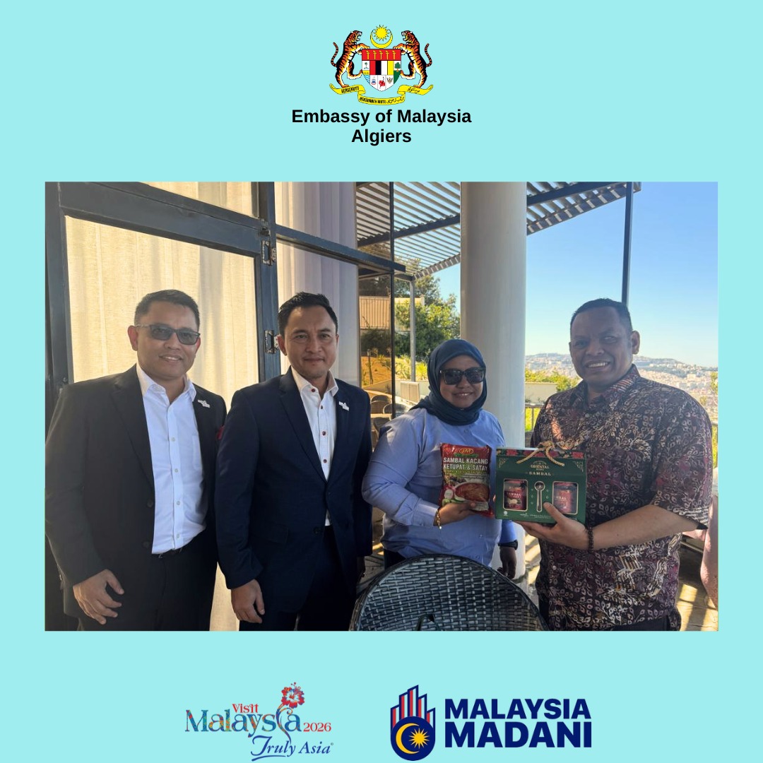 MYEmbAlgiers's tweet photo. In conjunction with SITEV 2026 in Algiers, H.E. Amb. Datuk @rizanymazlan  held a productive networking lunch with the Tourism Malaysia delegation to map out the future of travel between Algeria and Malaysia!

@MalaysiaMFA 
@tokmatn9 
@lukanisman 
@TourismMalaysia https://t.co/BDuChzJpWX