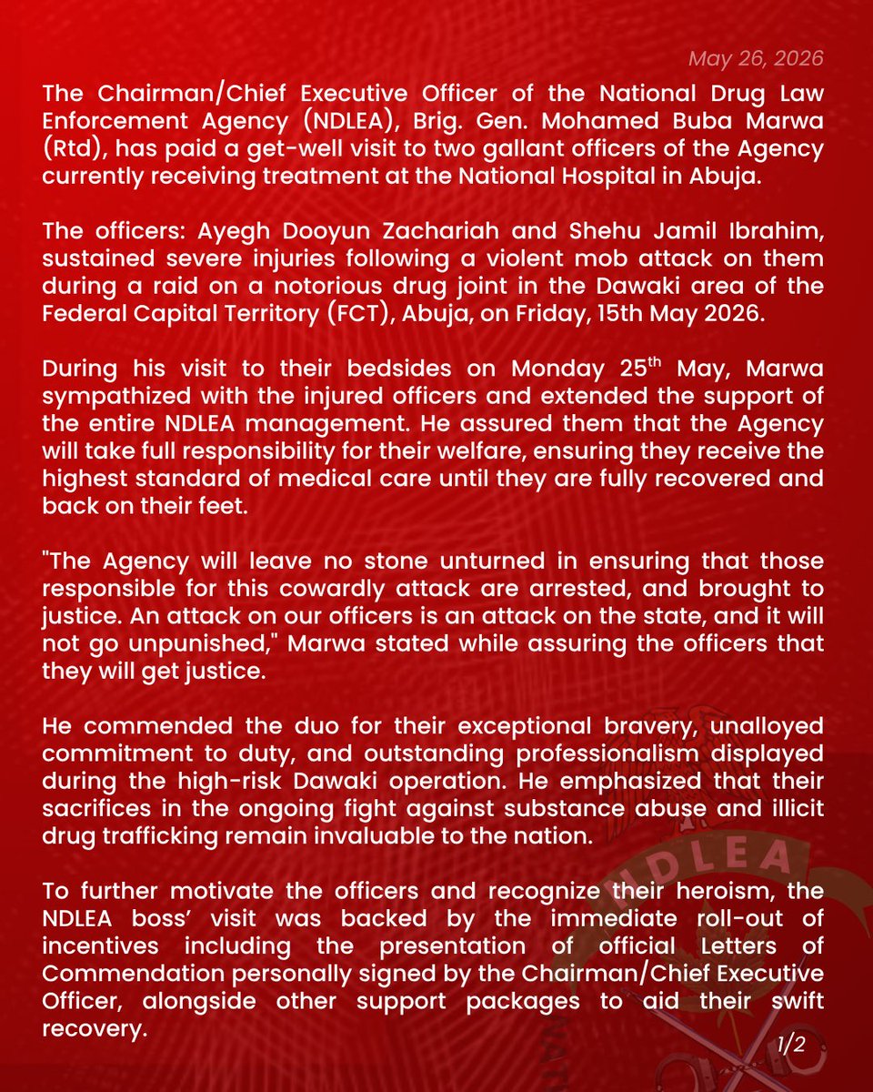ndlea_nigeria's tweet photo. Marwa visits injured NDLEA officers in hospital, assures them of justice, full support

Read more at:
https://t.co/iUjlMnQ0zt https://t.co/uPyax19qeI