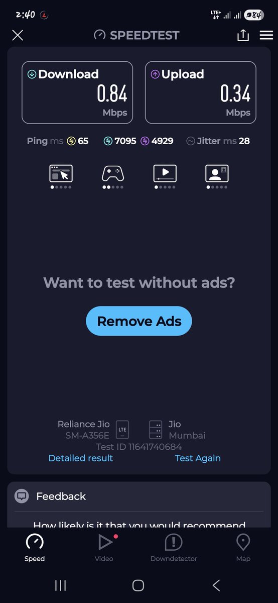 Sourules's tweet photo. @reliancejio are biggest scamsters! Firstly they scrapped the value pack, then they scrapped the 1GB/Day plan. They forced you to buy the 1.5GB/D plan. And now not providing the service. 0.84 Mbs is the maximum speed they can offer on their 5G network! @TRAI are just watchdog! https://t.co/T5B64UO7I1