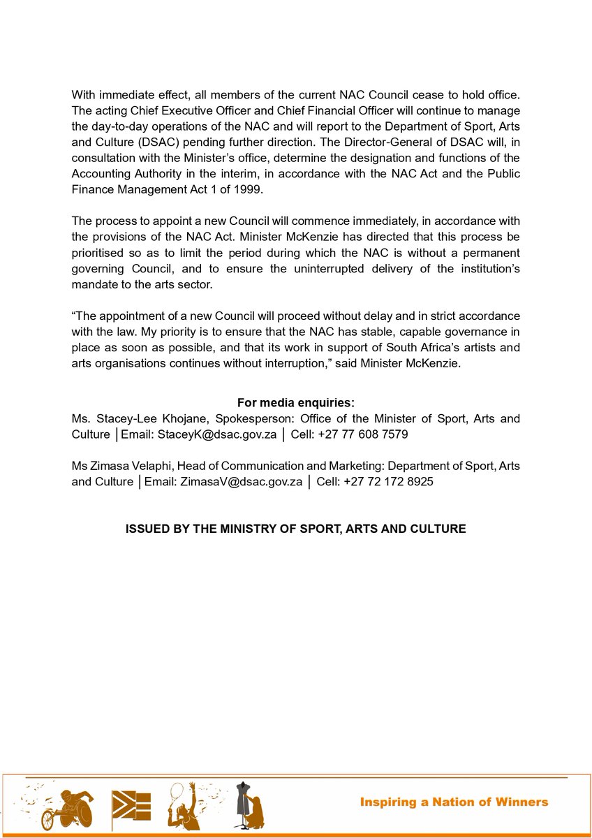 SportArtsCultur's tweet photo. Media Statement
26 May 2026

Minister McKenzie dissolves the Council of the National Arts Council of South Africa (NAC) with immediate effect.

Read full Statement: https://t.co/kE0h2NeBLh

#InspiringANationOfWinners #DSACAgency #GovZAUpdates https://t.co/6WY5nS560f