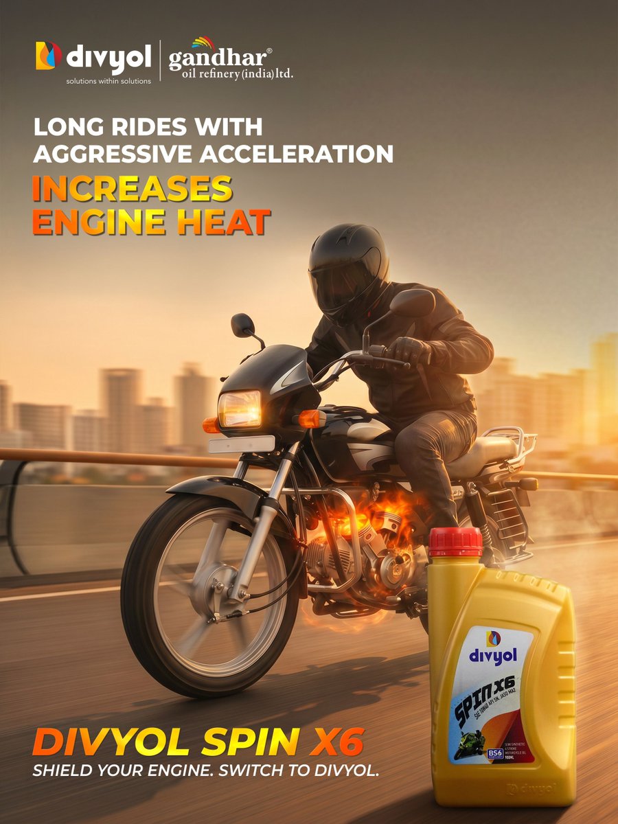 Divyol's tweet photo. The thrill of long rides should stay on the road, not inside your engine. 

Long rides and aggressive acceleration can increase engine heat over time. Divyol Spin X6 helps deliver reliable protection and smoother performance, so every ride feels ready for more.
#engineoil #divyol https://t.co/6ZG27U73ZW