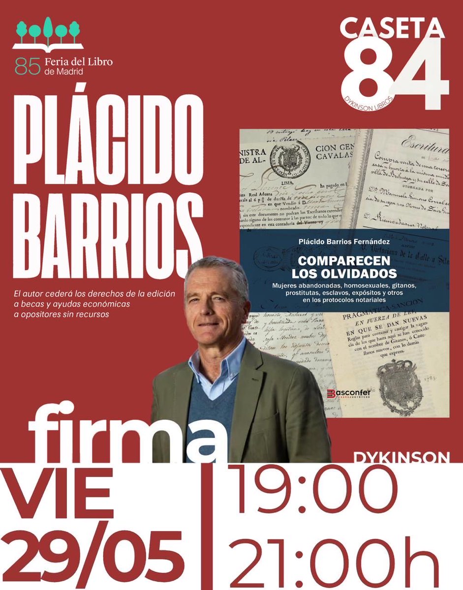 placido_barrios's tweet photo. Este viernes estaré en el Retiro, en la Feria del Libro, Caseta 84, para el que pueda y quiera acercarse. Como viene en la info, mis derechos se destinarán a fines solidarios 👉 
@dykinsonlibros @FNotariado https://t.co/RYZW1iUeZF