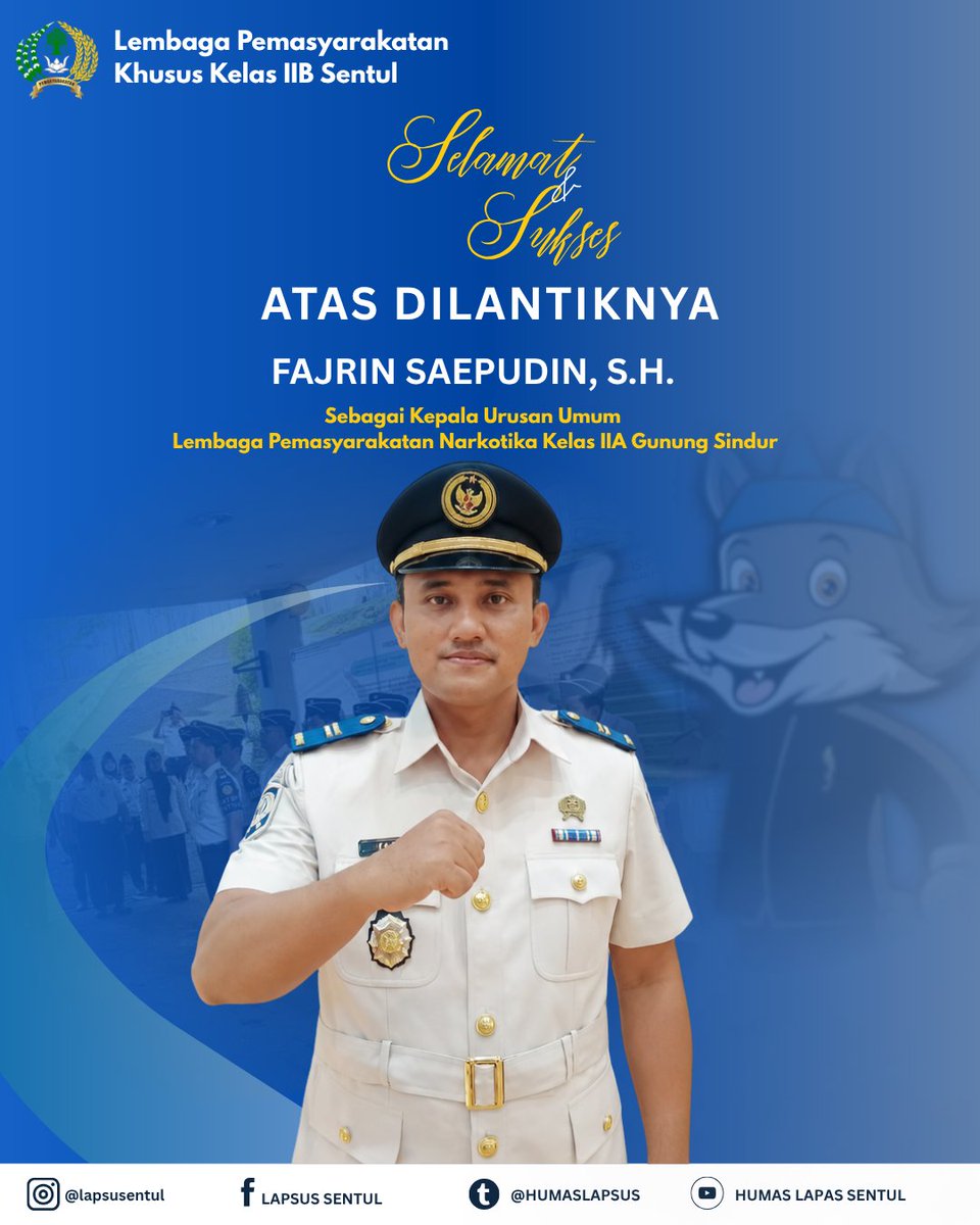 Lapsuster's tweet photo. Selamat dan Sukses atas pelantikan Bapak Fajrin Saepudin, S.H."
Sebagai Kepala Urusan Umum di Lapas Narkotika Kelas IIA Gunung Sindur
Semoga silaturahmi tetap terjalin dan senantiasa diberikan kesuksesan, serta keberkahan dalam menjalankan tugas di tempat yang baru. https://t.co/4aY9k4GZZH