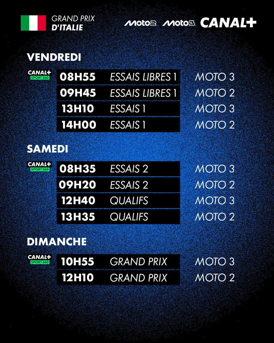 CanalplusMotoGP's tweet photo. Le programme pour le Grand Prix d'Italie à vivre ce week-end au Mugello sur CANAL+ et CANAL+SPORT 360 🇮🇹

#MotoGP #ItalianGP https://t.co/8RSEE0Lha8