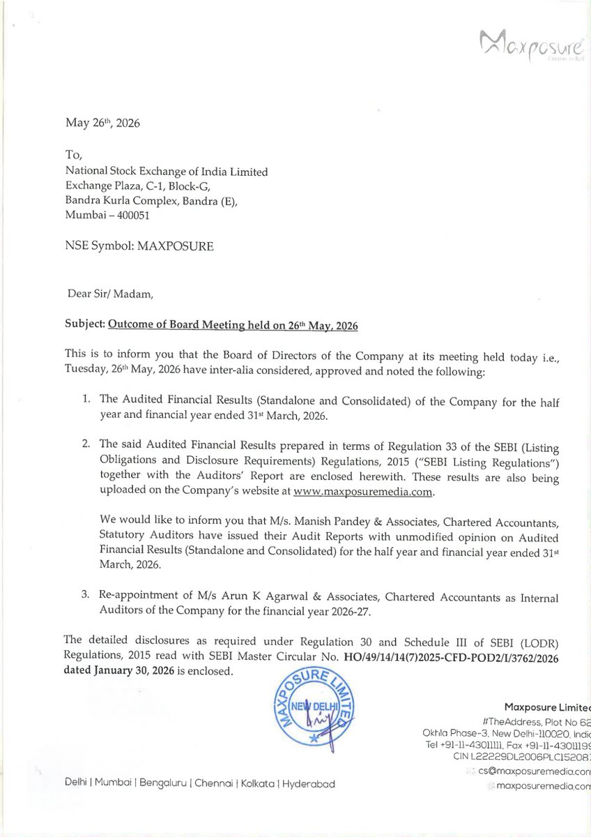 nileshkurhade's tweet photo. ๐ Maxposure Limited informed the exchange about its approval for the financial results for the period ended March 31, 2026. #SME #MAXPOSURE ๐๐งพ https://t.co/98Re0TEWKG