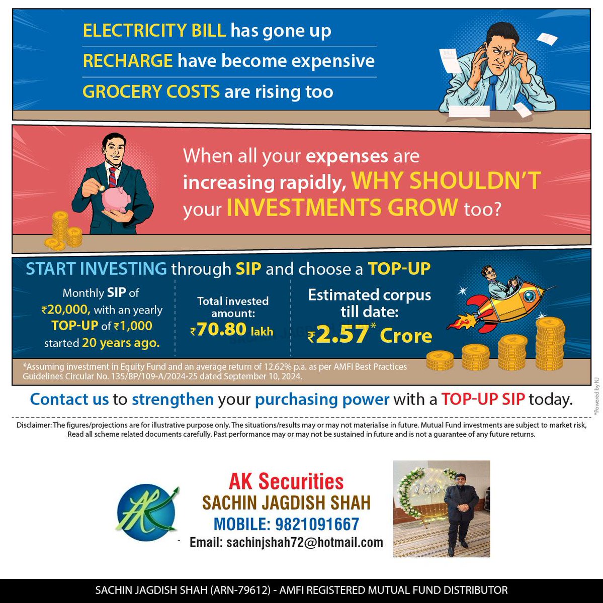 SecuritiesAk's tweet photo. Rising expenses can impact your savings, but smart investing helps your money grow with time. Start a SIP with a Top-Up strategy and strengthen your purchasing power for the future. Interested? 
Click here - https://t.co/SPfyszULJU
 9821091667

#SIP #InvestWithAKSecurities https://t.co/sozGQEiXGY