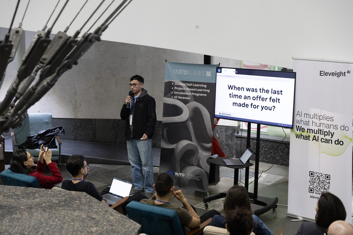 EleveightAI's tweet photo. After sponsoring Hack-Nation's Global AI Hackathon’s Armenian hub by Tumo Labs, we invited Daniel to our office to learn more about the technical architecture behind CityWallet. This was the project that won first place against teams from MIT, Stanford, and leading European universities.

Turns out, it was the combination of a strong idea and strong technical execution that pushed CityWallet to the winning line.

During our conversation, Daniel walked us through how the system turns surrounding signals into contextual intelligence in real time.

The system analyzes environmental and behavioral states directly from the device, movement speed, temperature conditions, battery level, transition from Wi-Fi to cellular data, nearby events, and purchasing habits, to understand the user’s real-world situation in real time.

Instead of relying on manually selected preferences or static recommendation systems, CityWallet builds behavioral patterns from actual user activity and uses AI to dynamically generate highly personalized offers tailored to the exact moment.

The project was built at TUMO Labs and is already being deployed in Stuttgart.

This is exactly why infrastructure matters. 

↪️Full story in the comments.
 
#EleveightAI #AI #ArtificialIntelligence #Hackathon #Innovation #ArmenianTech #ContextualAI #ML