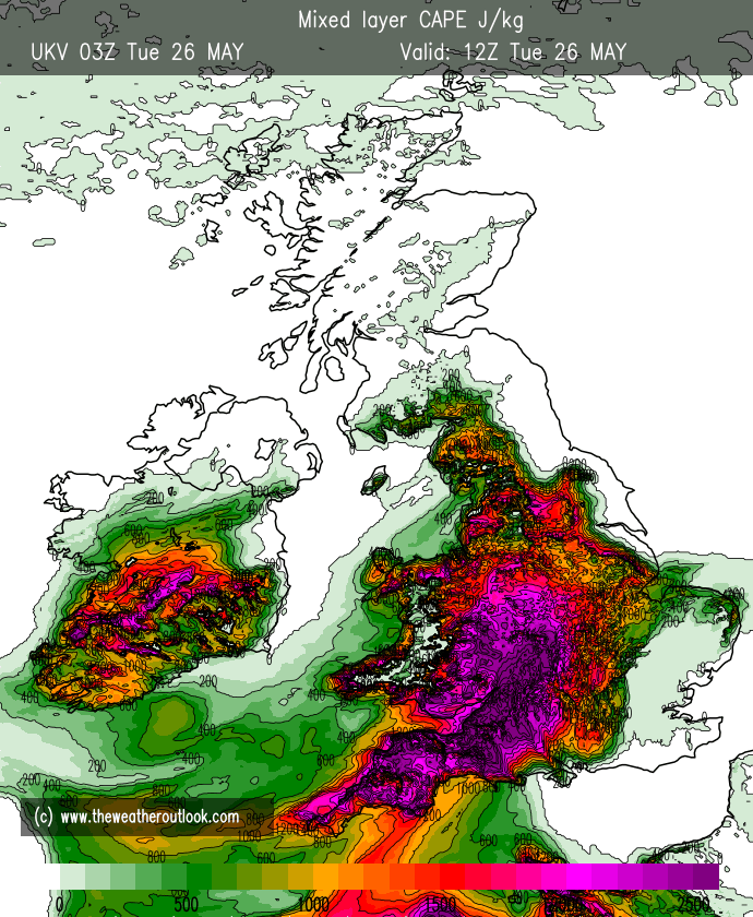 peacockreports's tweet photo. There will be immense convective available potential energy (CAPE) over SW UK this afternoon.

The higher the CAPE, the more powerful any thunderstorms have the potential to become.

BUT this only gets realised if there's sufficient moisture &amp; the 'capping inversion' is broken. https://t.co/JXqSUqCMZK