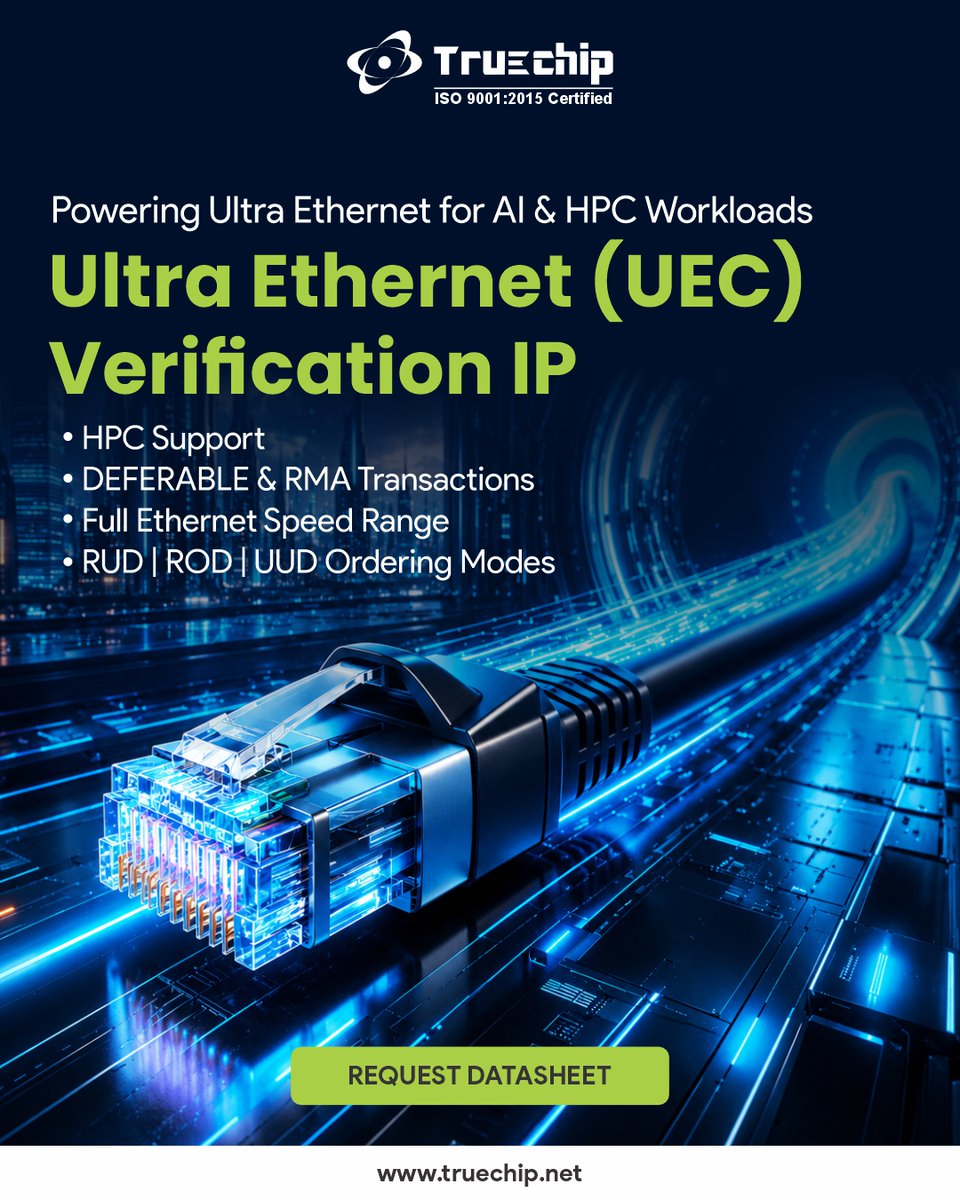 TruechipS's tweet photo. AI and HPC workloads demand more than standard Ethernet can deliver, and verifying them demands more than a standard VIP.

Truechip's Ultra Ethernet (UEC) Verification IP is purpose-built for the full complexity of next-gen AI &amp; HPC fabrics, covering:

https://t.co/vHtUdQrgqU https://t.co/ST7pu7knNN