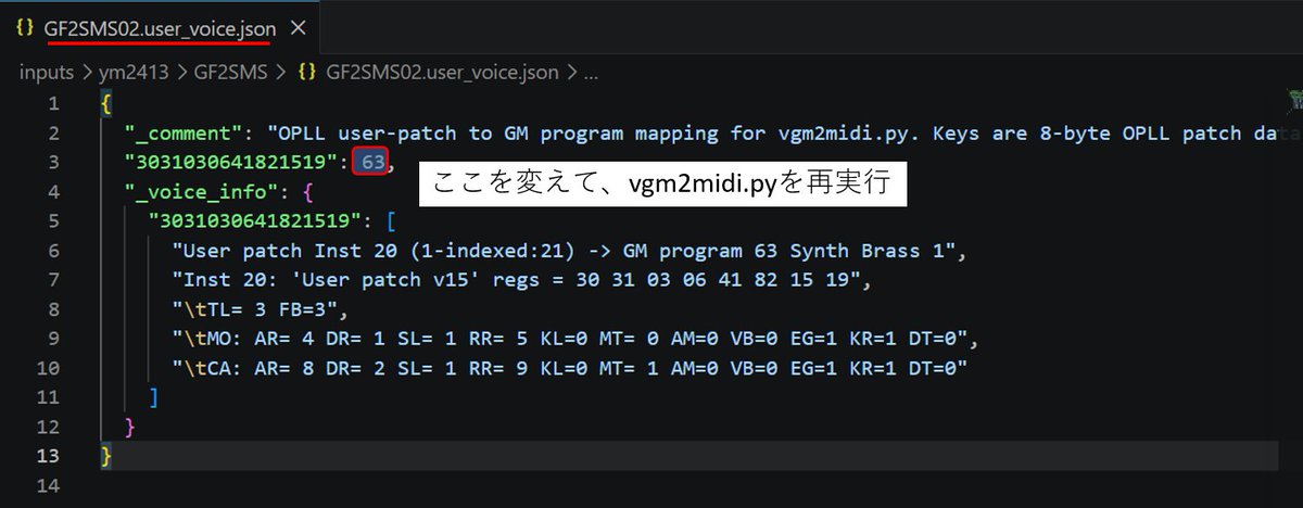 emef2247's tweet photo. 今回ユーザ定義の音色も割り当て先の音色番号を指定できるようにしました。仕組みは.mid生成先に<stem>.user_voice.jsonが存在していれば、そのファイル内容に従って割り当てます。<stem>.user_voice.jsonは.mid生成先に存在していなければ、.midと共に自動生成。
お勧めは実行時にユーザ音色のパラメータが表示されるので、それをコピー＆ペーストでAIに聴いてみるのがお手軽。候補が明らかになったら<stem>.user_voice.jsonを編集して、https://t.co/njZ7vRqBpDを再実行すればできあがり。
#vgm2midi #ユーザ音色の割り当て