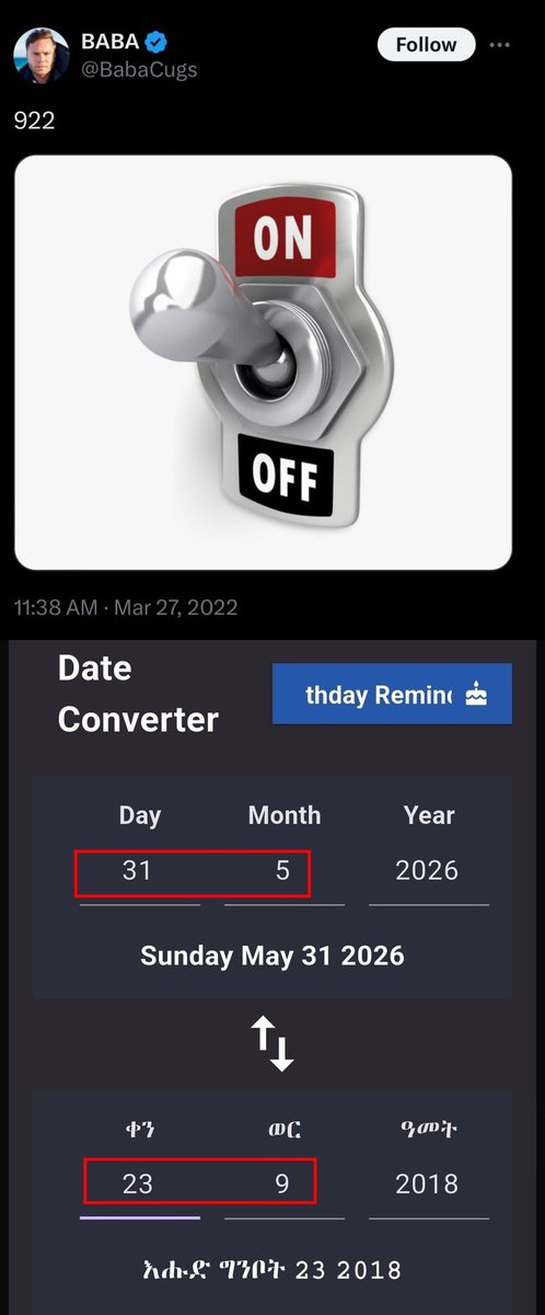 Cryptobilbuwoo0's tweet photo. 123(1+2+3=6) Go
9/23(Ethiopian)
♾️5/31(Gregorian)
9/22 On.
9/23 Pedictive Programming.
What will happen? 👀👀 https://t.co/Hc7tFoTqkI