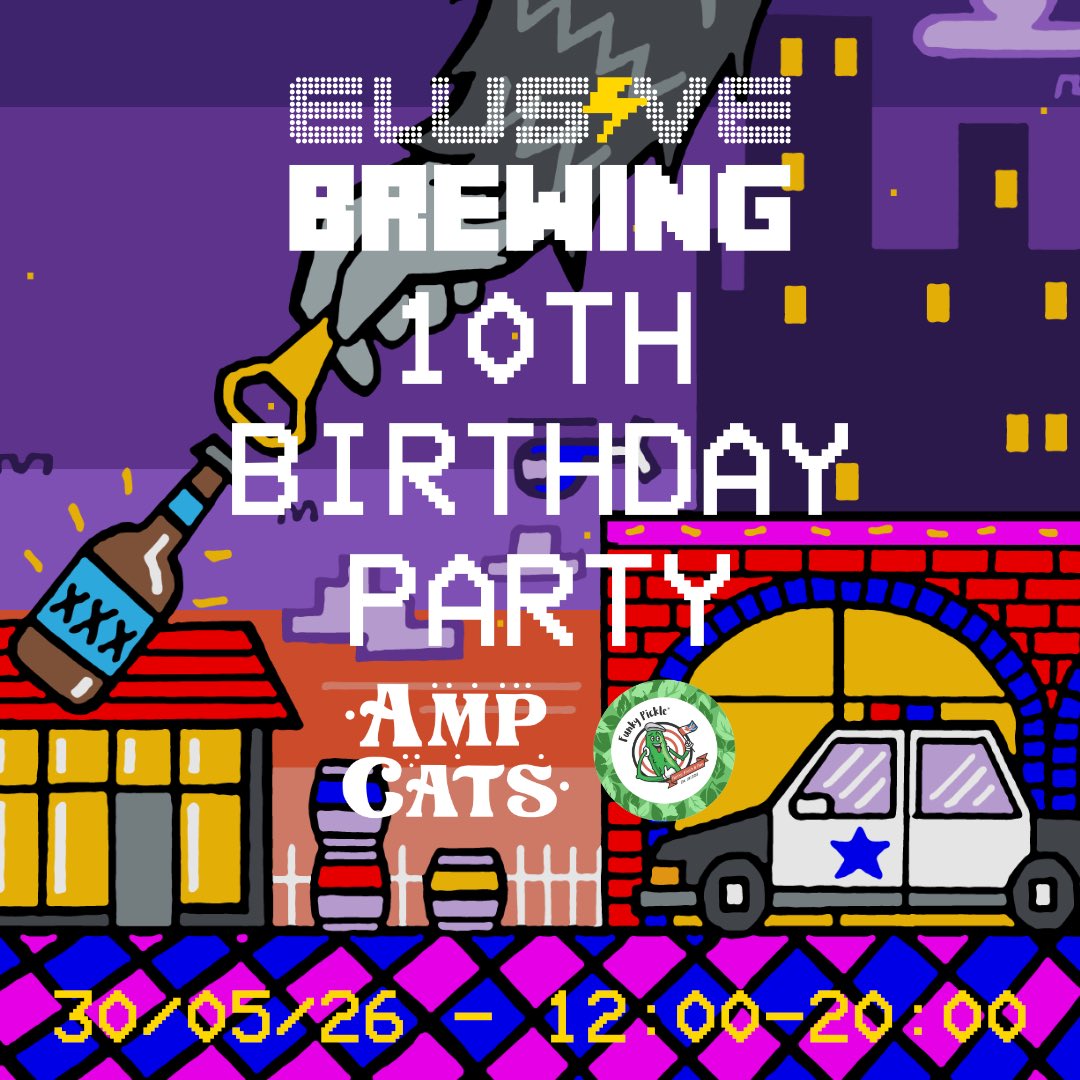 ElusiveBrew's tweet photo. WE’RE OFFICIALLY 10!!!

…and to celebrate, we’re throwing a classic Elusive birthday party this weekend! Join us on Saturday to try our first three birthday beers on tap, with live music from the amazing Amp Cats and delicious street food from Funky Pickle! https://t.co/46oiyxmSO5