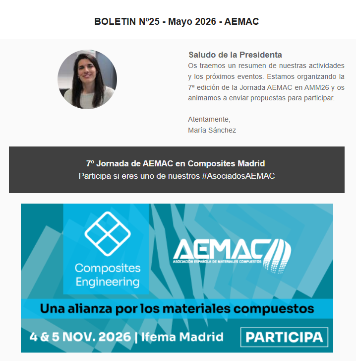 AEMAC_'s tweet photo. #BoletinAEMAC Nº25 con un resumen de las #CitasAEMAC y las próxima colaboraciones. 

Únete a la #JornadaAEMAC como ponente - en #AMM26. Deadline - 20 de julio.    

Seguimos compartiendo el #Conocimiento en #MaterialesCompuestos de los #AsociadosAEMAC

https://t.co/37yejW5fKa https://t.co/0VDiPUl5EL