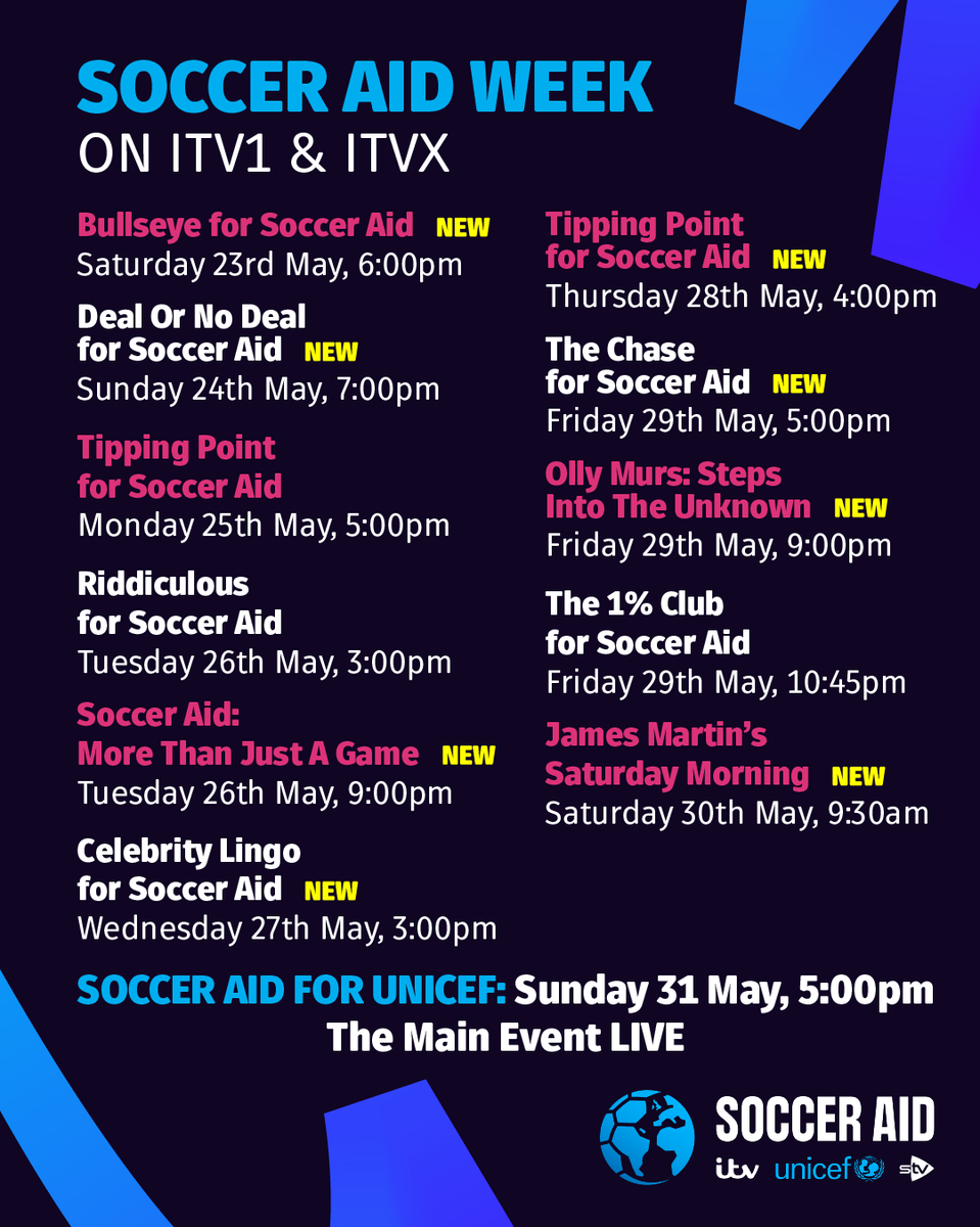 ITV's tweet photo. Soccer Aid is almost here! 

Look out for a week of TV specials in support of Soccer Aid all leading up to the main event on Sunday 31 May, 5:00pm ⚽️ https://t.co/MKuo48fSEL